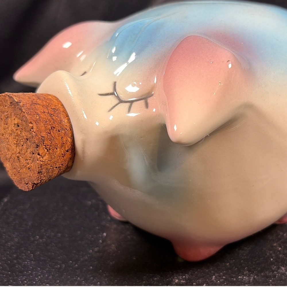 Vintage Mid Century Ceramic Piggy Bank Hand Painted Blue Pink Cork Snout 6in